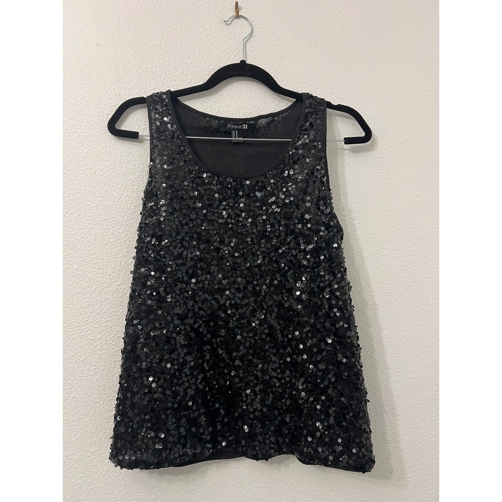 Forever 21 Black Sequin‎ Tank Top Sleeveless Party Sparkle Blouse Medium